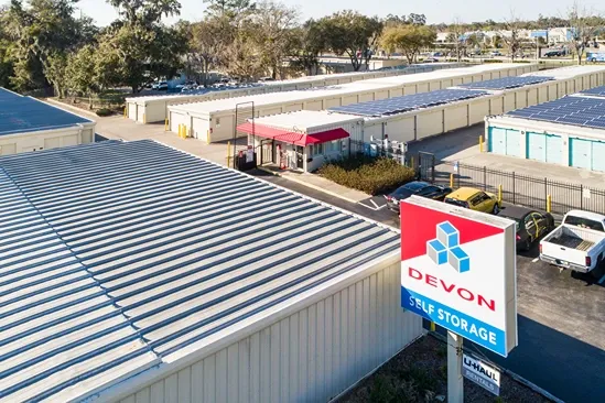 Self storage facility with roadside signage and moving truck rental availability
