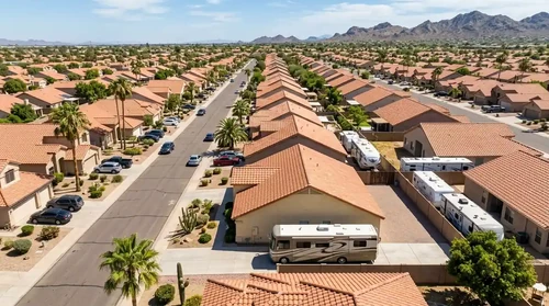 Aerial view of a sunny Phoenix suburb with terracotta rooftops, palm trees, and driveways on a clear day.