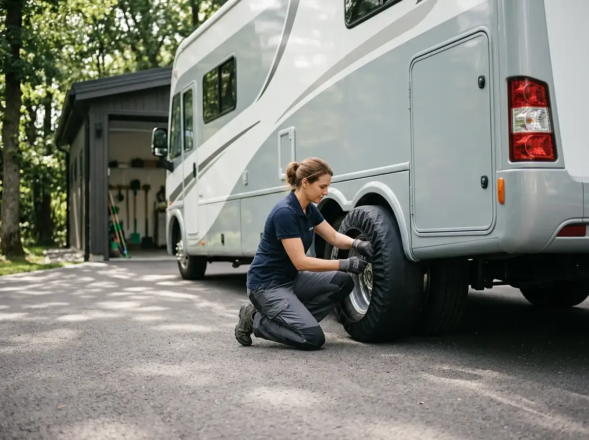 A person kneels beside an RV tire, sliding a black protective cover over the wheel in a shaded driveway.