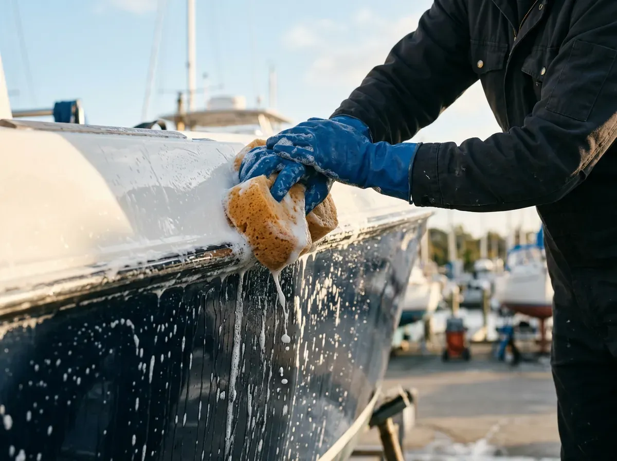 Gloved hands scrub a boat hull with a soapy sponge, cleaning the fiberglass surface before seasonal storage.
