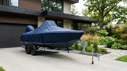 A boat resting on a trailer in a driveway, fully covered with a protective blue tarp for seasonal storage.